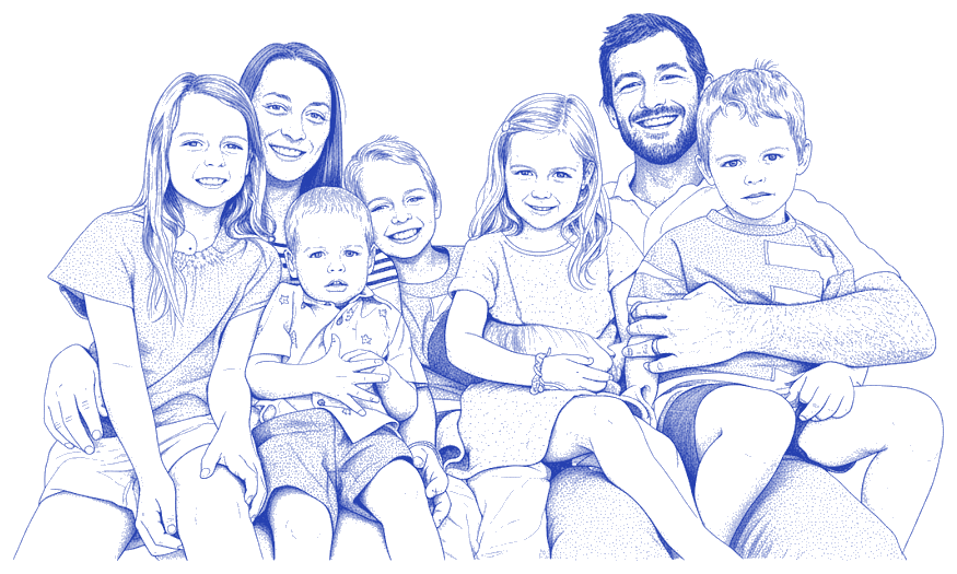 Pen drawing of Graham, his wife and their five children sitting together on a couch